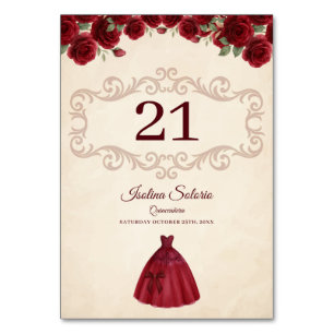 Elegante Quinceanera-Rote Rosen Florale Burgunder  Tischnummer