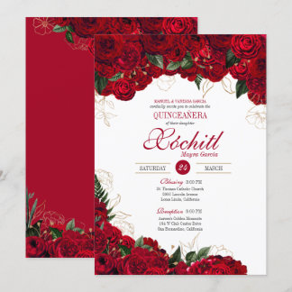 Elegante Quinceanera - Rote und goldene Rose Blume Einladung