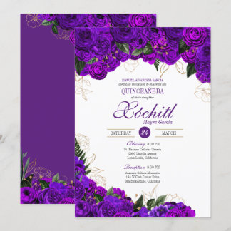 Elegante Quinceanera Royal Lila Gold Rose Einladung