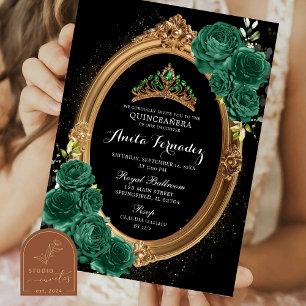 Elegante Quinceanera Schwarz Smaragdgrüne Einladun Einladung