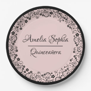 Elegante Quinceañera Schwarze Wirbel auf Blush PIn Pappteller