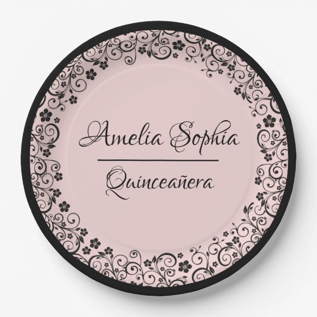 Elegante Quinceañera Schwarze Wirbel auf Blush PIn Pappteller (Vorderseite)