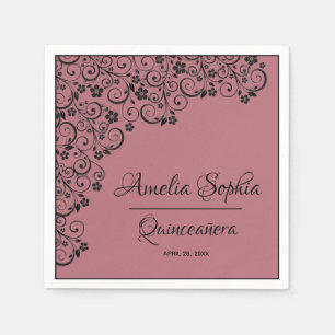Elegante Quinceañera Schwarze Wirbel auf der Rose  Serviette