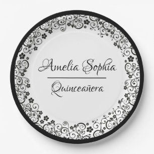 Elegante Quinceañera Schwarze Wirbel auf Weiß Pappteller