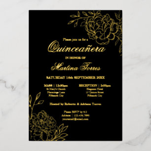 Elegante Quinceanera Sketch Blumen Schwarz und Gol Folieneinladung