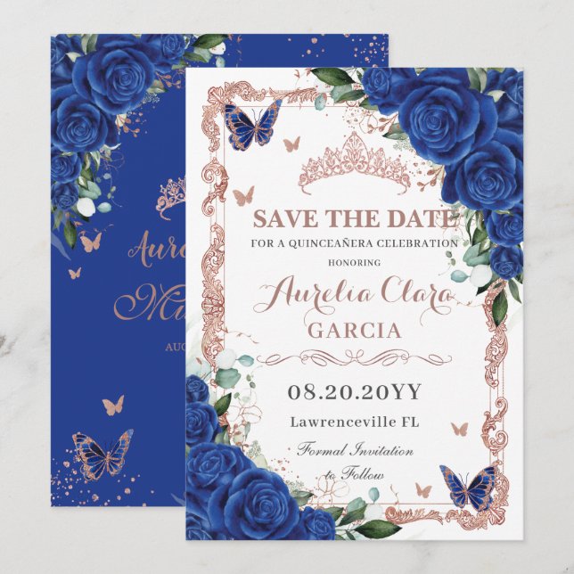 Elegante Quinceñera Royal Blue Floral Rose Gold Save The Date (Vorne/Hinten)