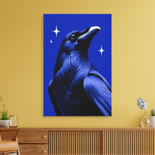 Elegante Rabe Blaue Monochrome Editorische Kunst Leinwanddruck