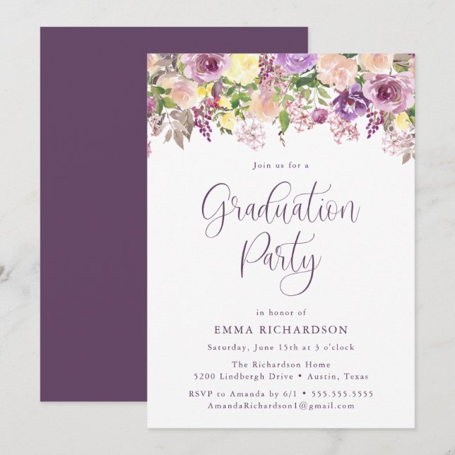 Elegante Radiant Lila Floral Graduation Party Einladung (Vorne/Hinten)