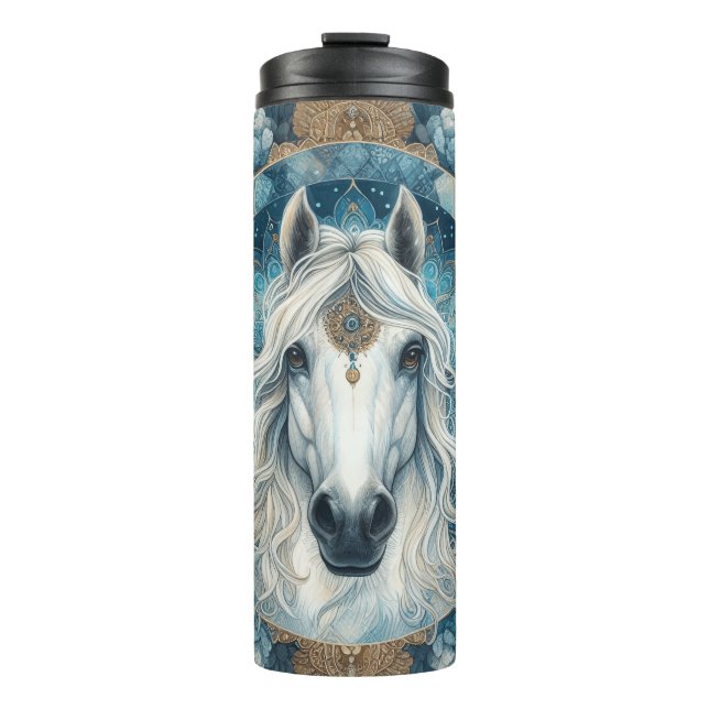 Elegante, raffinierte Weiße Pferde Kopf Mandala Thermosbecher (Vorderseite)