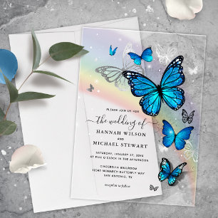 Elegante Rainbow Silver and Blue Butterfly Wedding Acryleinladungen