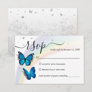 Elegante Rainbow Silver and Blue Butterfly Wedding RSVP Karte