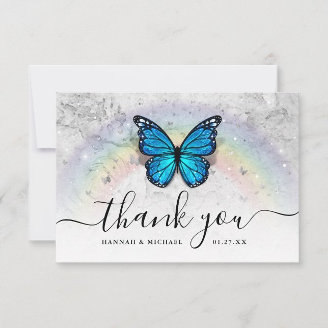 Elegante Rainbow und Blue Butterfly Wedding Dankeskarte (Vorderseite)