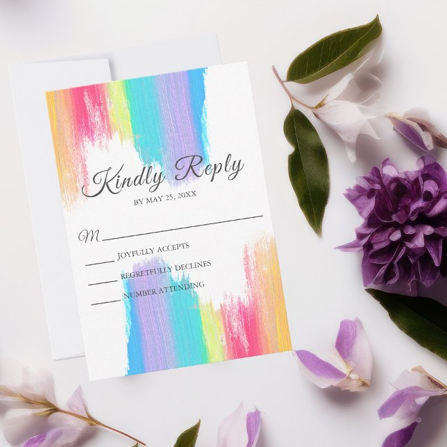 Elegante Rainbow Watercolor LGBT Wedding Vertikal RSVP Karte (Von Creator hochgeladen)