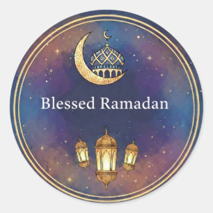 Elegante Ramadan Mubarak Nacht Sterne & Goldlatern Runder Aufkleber