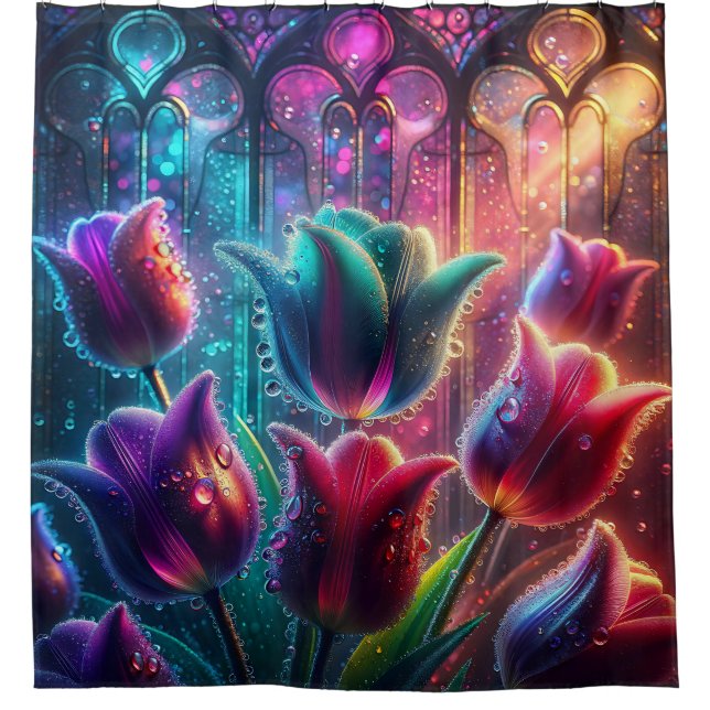"Elegante, rassige Tulpen in der Kathedrale Window Duschvorhang (Vorderseite)