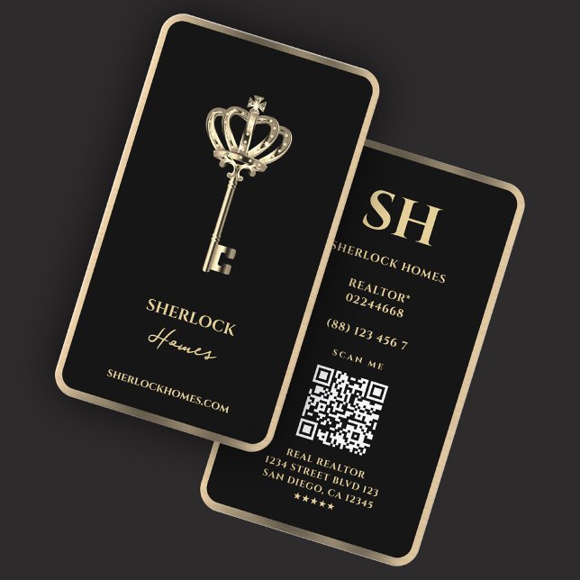 Elegante Realtor Crown Key Black Imitats Gold Trim Visitenkarte (Von Creator hochgeladen)
