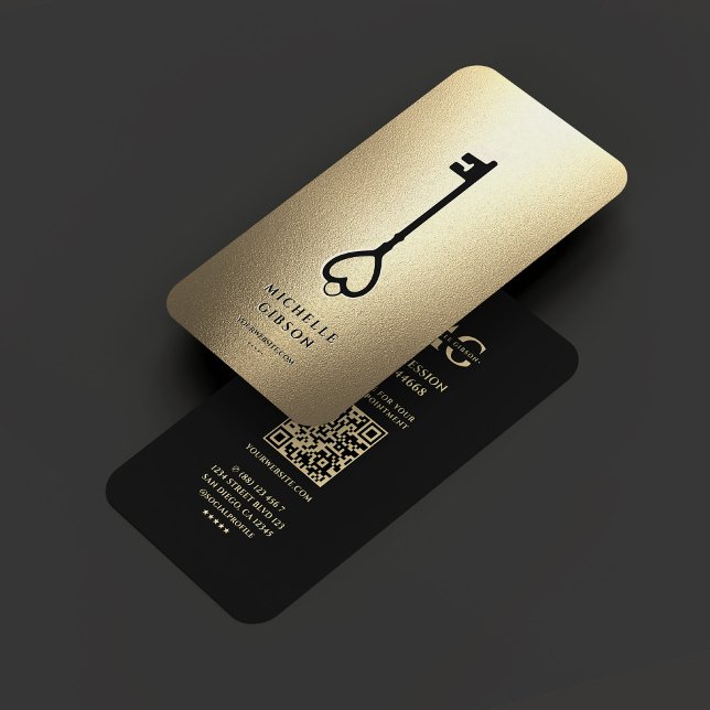 Elegante Realtor Monogram Black Gold Key Moderne Visitenkarte (Elegant Realtor Monogram Black Gold Key Modern Business Card
)