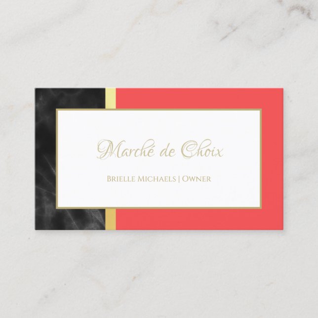Elegante Red and Black Marble Gold Script Boutique Visitenkarte (Vorderseite)