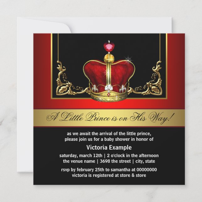 Elegante Red and Gold Prince Baby Dusche Einladung (Vorderseite)