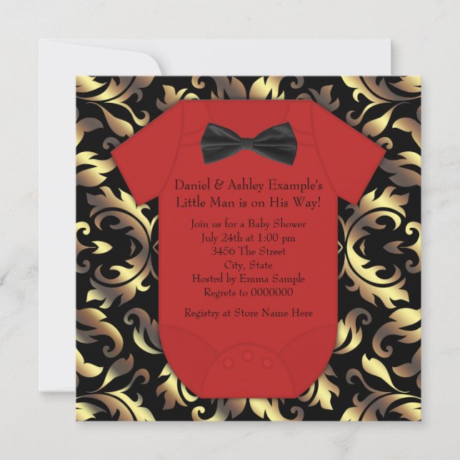 Elegante Red Black and Gold Baby Boy Dusche Einladung (Vorderseite)