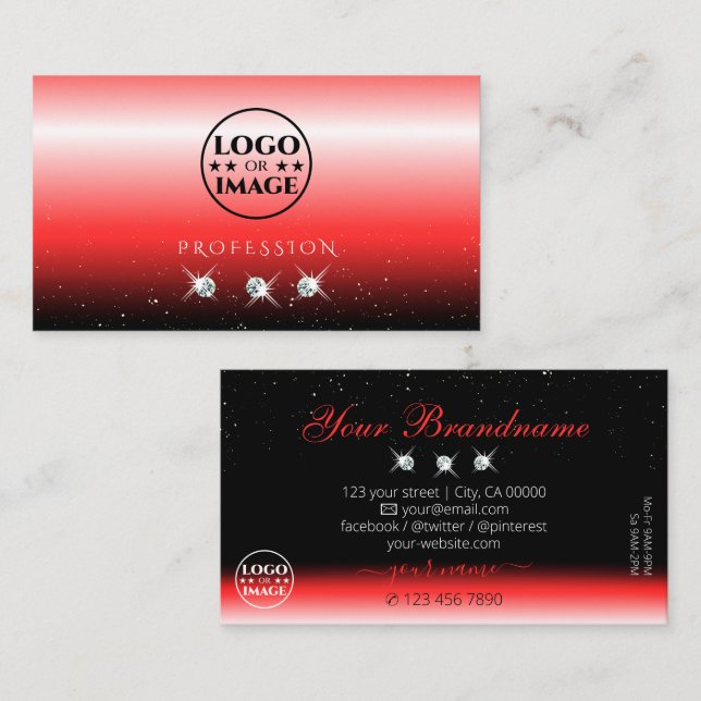 Elegante Red Black Gradient Sparkle Jewels Logo hi Visitenkarte (Vorne/Hinten)