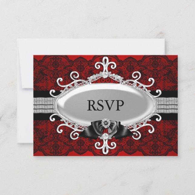 Elegante Red Black Lace & Jewel Bow UAWG Einladung (Vorderseite)