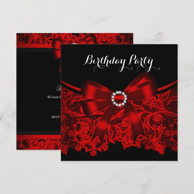 Elegante Red Bow Black Lace White Birthday Party 4 Einladung (Vorne/Hinten)
