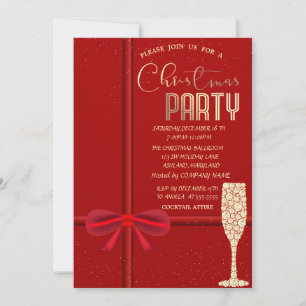 Elegante Red Bow, Champagne Glass Christmas Compan Einladung
