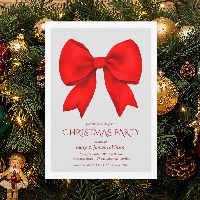 Elegante Red Bow Weihnachtsfeier Einladung (Elegant Red Bow Christmas Holiday Party Invitation)