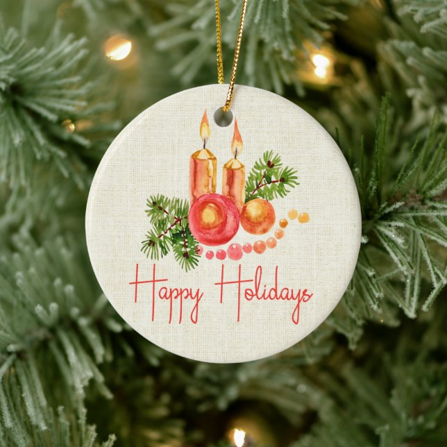 Elegante Red Candles Holly Blätter Happy Holidays Keramik Ornament (Baum)