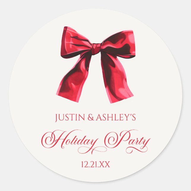 Elegante Red Coquette Bow Holiday Party Runder Aufkleber (Vorderseite)