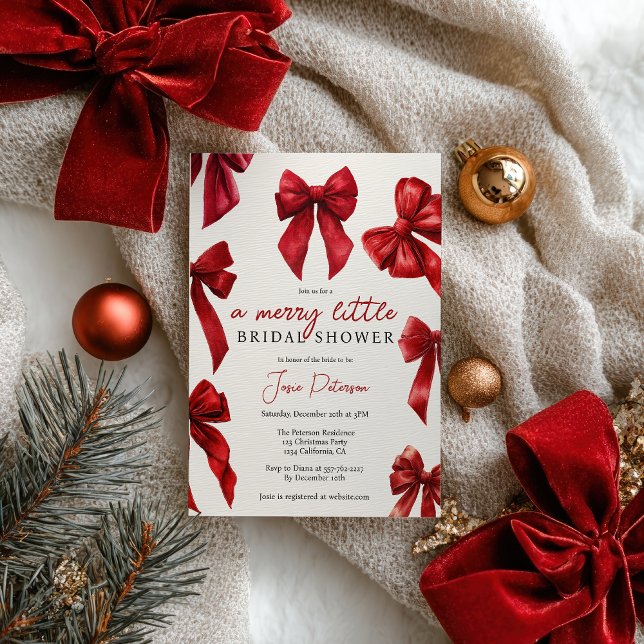 Elegante Red Coquette Bows Christmas Winter Bridal Einladung (Elegant Red Coquette Bows Christmas Winter Bridal Invitation)