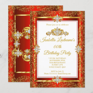 Elegante Red Damask Gold White Birthday Party Einladung