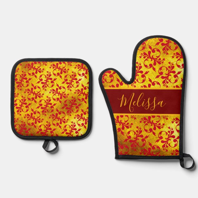 Elegante Red Damask und Gold Textur Ofenhandschuh & Topflappen-Set (Vorderseite)