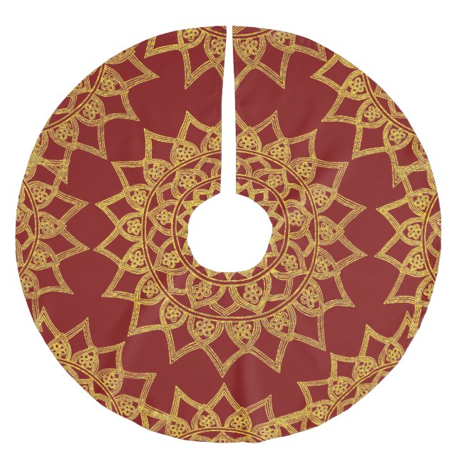 Elegante Red Fine Gold Floral Mandala Weihnachten Polyester Weihnachtsbaumdecke (Vorderseite)