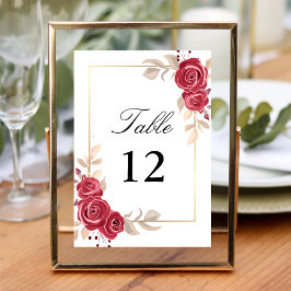 Elegante Red Floral Gold Frame Wedding Tischnummer