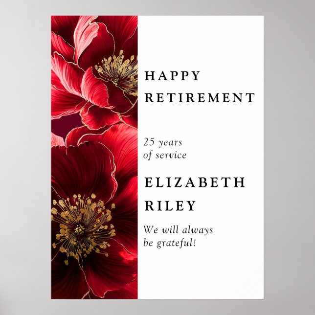 Elegante Red Floral Happy Retirement Willkommensze Poster (Vorne)