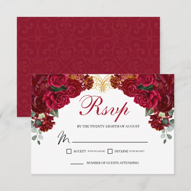 Elegante Red Floral UAWG Enclosure Card RSVP Karte (Vorne/Hinten)
