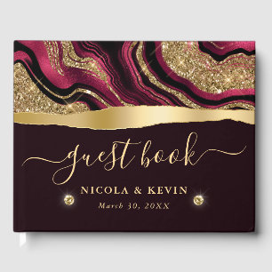 Elegante Red Foil und Gold Glitzer Agate Wedding Gästebuch