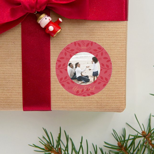 Elegante Red Glory to God Botanical Christmas Foto Runder Aufkleber (Von Creator hochgeladen)