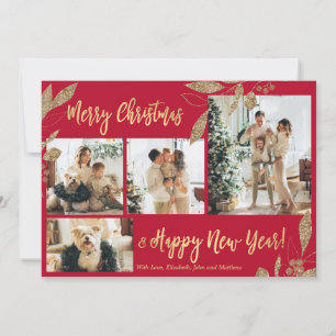 Elegante Red Gold 4 Foto Collage Weihnachtskarte