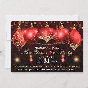 Elegante Red & Gold Baubles Neujahr Einladung
