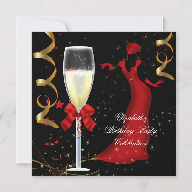 Elegante Red Gold Black Birthday Party Champagne Einladung (Vorderseite)