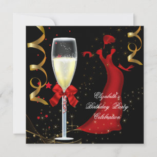 Elegante Red Gold Black Birthday Party Champagne Einladung
