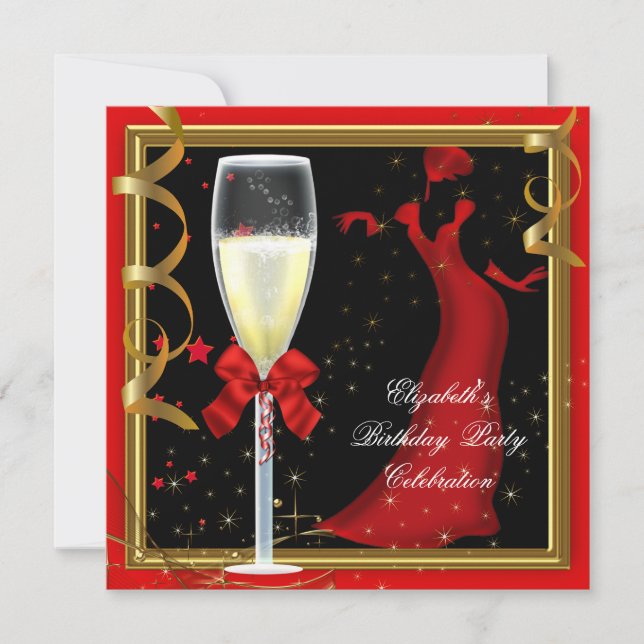 Elegante Red Gold Black Birthday Party Champagne Einladung (Vorderseite)