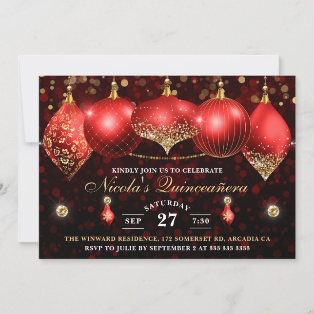 Elegante Red & Gold Christmas Baubles Quinceanera Einladung (Vorderseite)