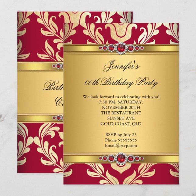 Elegante Red Gold Damask Pearl Birthday Party Einladung (Vorne/Hinten)