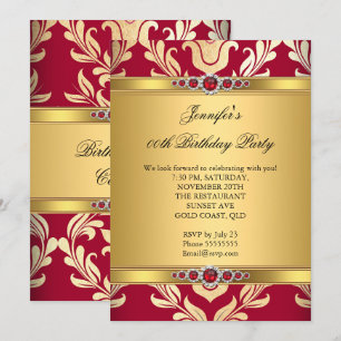 Elegante Red Gold Damask Pearl Birthday Party Einladung