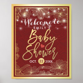 Elegante Red Gold Floral Frame Baby Dusche Willkom Poster