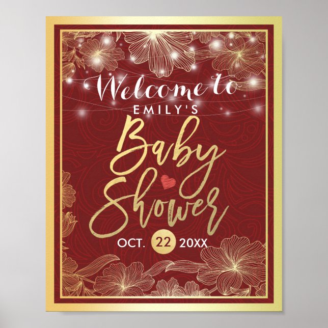 Elegante Red Gold Floral Frame Baby Dusche Willkom Poster (Vorne)
